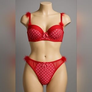 La Senza Feather Accent Red Polka Dot Lingerie Bra And Panties Set